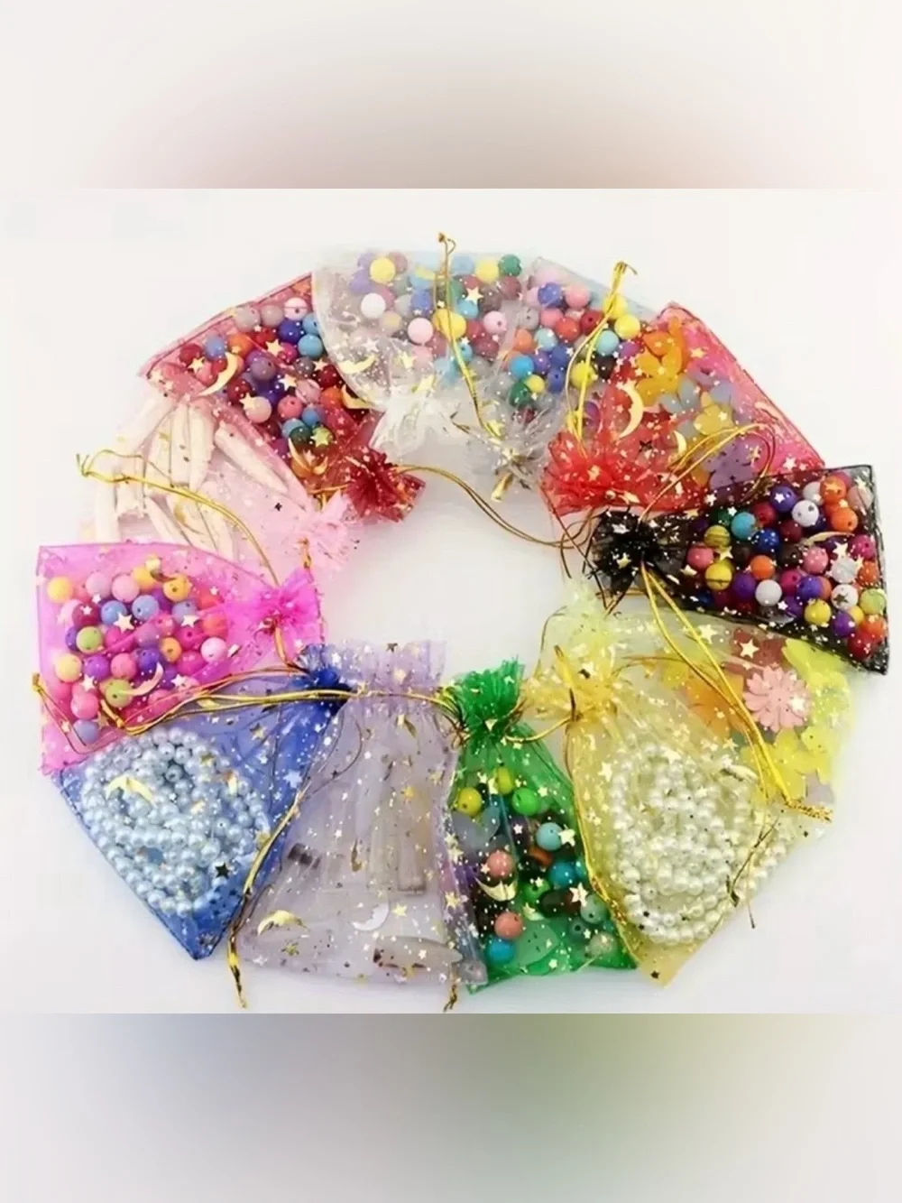 Gold Star Organza Drawstring Favor Bags - Assorted Colors, 50pcs